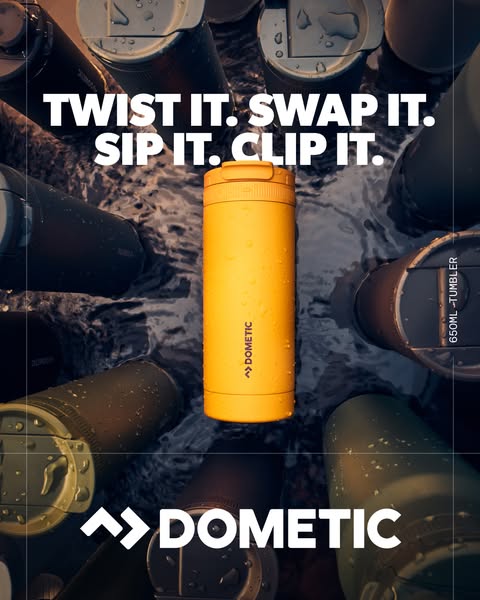 This ad showcases the versatile features of Dometic's tumbler, emphasizing its interchangeable lids and durable desi