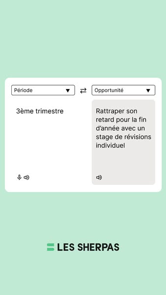This ad for Les Sherpas features a screenshot of a translation app, highlighting the translation of '3ème trimestre&
