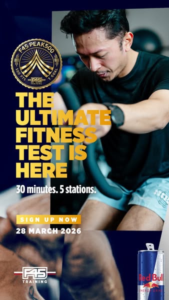 This ad promotes F45's Ultimate Fitness Test, a high-intensity workout program consisting of 30 minutes at 5 station