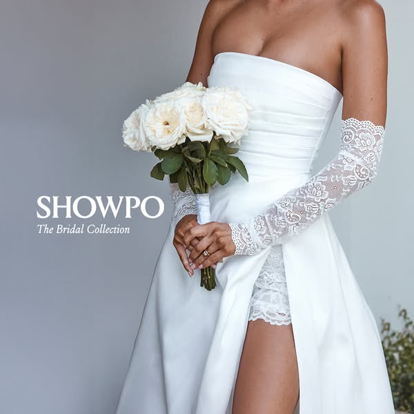 This ad showcases a woman in a wedding dress from Showpo's Bridal Collection. The ad focuses on the dress and the ov