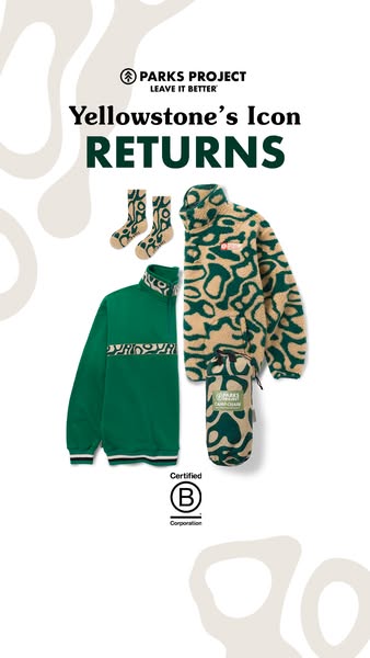 This image ad for Parks Project features a variety of clothing products, including a green pullover, a tan and green she