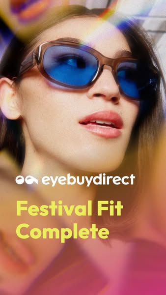 This image ad for Eyebuydirect features a model wearing blue tinted sunglasses, emphasizing the brand's appeal to cu