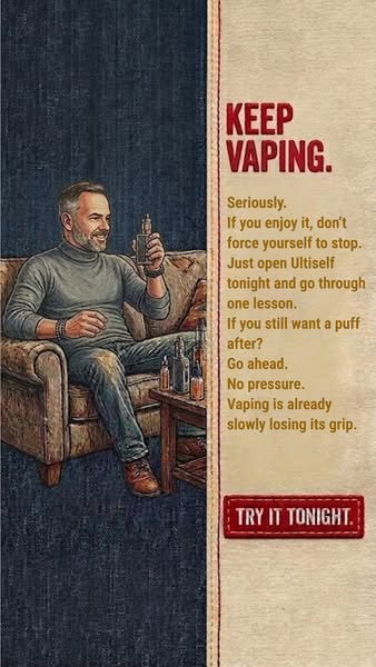 This image ad encourages viewers to 'Keep Vaping' and introduces Ultiself as a way to explore it further. It fea