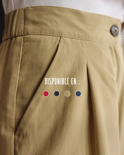 A close-up shot of pleated khaki trousers shows that they are available in several colors.