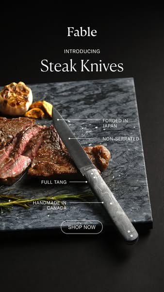 This ad showcases Fable's steak knives, highlighting their craftsmanship and design. The ad emphasizes the knife'