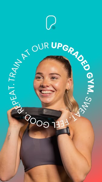 This image ad for P[ ] Fitness features a smiling woman holding a weight plate, with surrounding text to emphasize that 