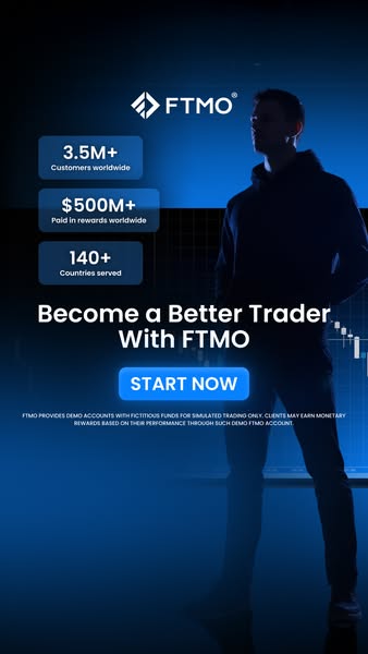 This ad for FTMO highlights the number of customers worldwide, the amount paid in rewards, and the number of countries s