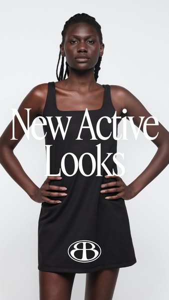 An image ad featuring a woman wearing a black mini dress to introduce new active looks from a brand.