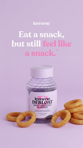 This ad promotes Lemme Debloat Daily Digestive Gummies as a way to feel good even after enjoying snacks. It positions th