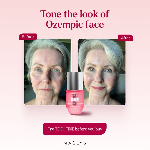 The image ad features a before-and-after shot of a woman's face, highlighting the effects of the MAËLYS TOO-FINE pro