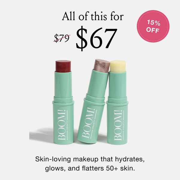 This ad promotes Boom! Beauty's makeup sticks, highlighting their hydrating and flattering qualities for mature skin