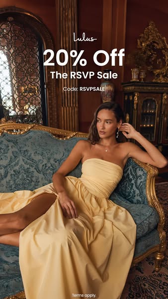 This image ad for Lulus features a model in a yellow dress, promoting a 20% off sale with a specific discount code.