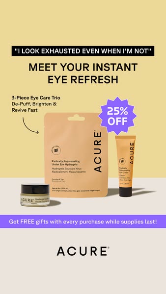 This image ad from Acure promotes a 3-piece eye care trio with an offer for 25% off and free gifts with purchase. The ad