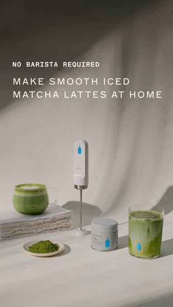 The image shows a series of Blue Bottle Coffee products displayed against a simple background: a matcha powder, a matcha
