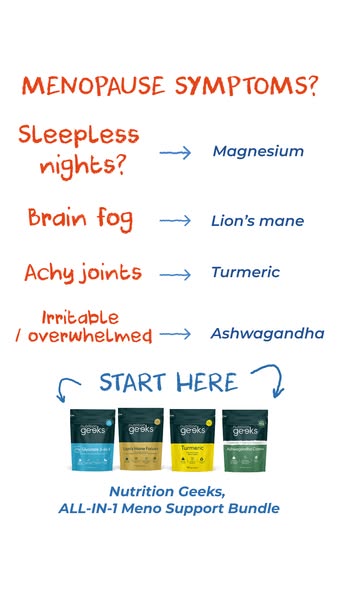 This ad promotes Nutrition Geeks' All-in-1 Meno Support Bundle for relieving common symptoms of menopause such as sl