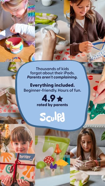 This ad features a grid-style collage of images showing children using Sculpd clay kits to create pottery at home. It em