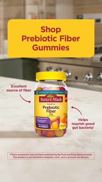 This ad promotes Nature Made Prebiotic Fiber Gummies. The ad highlights the gummies as an excellent source of fiber that