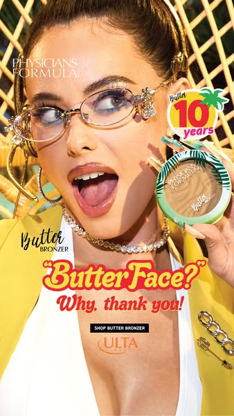This Physicians Formula ad features a woman holding the Butter Bronzer product. The ad conveys brand recognition by impl