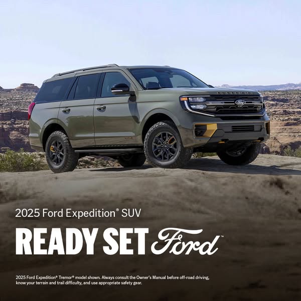 The ad features the 2025 Ford Expedition SUV, showcasing its rugged design and off-road capabilities in a desert landsca