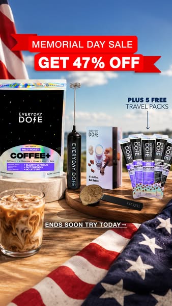 This image promotes a Memorial Day sale for Everyday Dose Coffee+, offering 47% off and 5 free travel packs. The ad feat