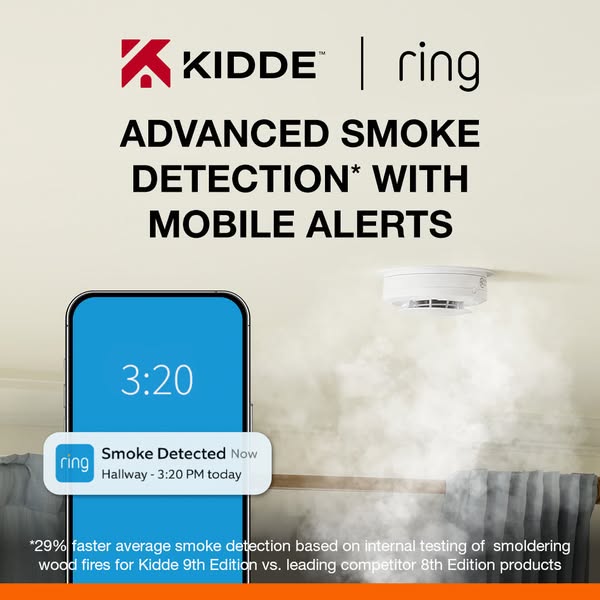 This ad promotes Kidde smoke detectors that send alerts via mobile app.