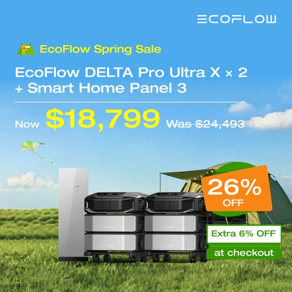 This image ad showcases the EcoFlow DELTA Pro Ultra X x 2 + Smart Home Panel 3, emphasizing a spring sale discount. The 