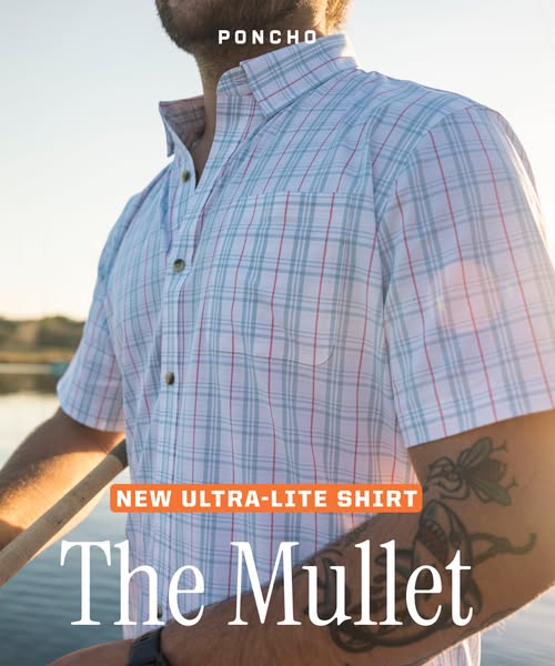 This ad promotes the brand Poncho and their 'The Mullet' ultra-light shirt.