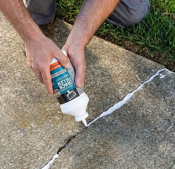 An image ad showing someone using DAP Liquid Crack Filler to fill a crack in concrete.