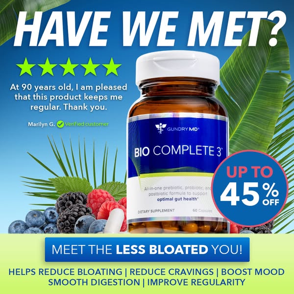 This image ad for Gundry MD Bio Complete 3 uses a customer testimonial, a star rating, and a discount offer to sell its 