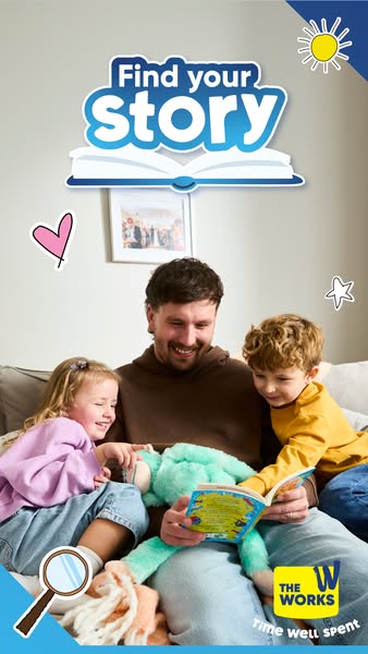 This ad for The Works features a cozy scene of a father reading to his two young children. The focus is on the joy of sh