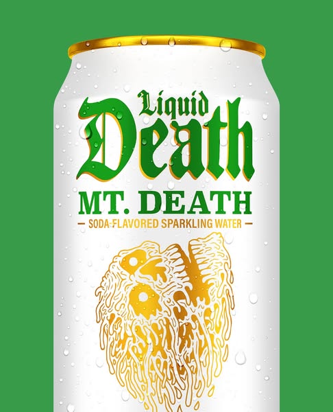 This ad promotes Liquid Death's Mt. Death soda-flavored sparkling water. The ad features a single can of the product