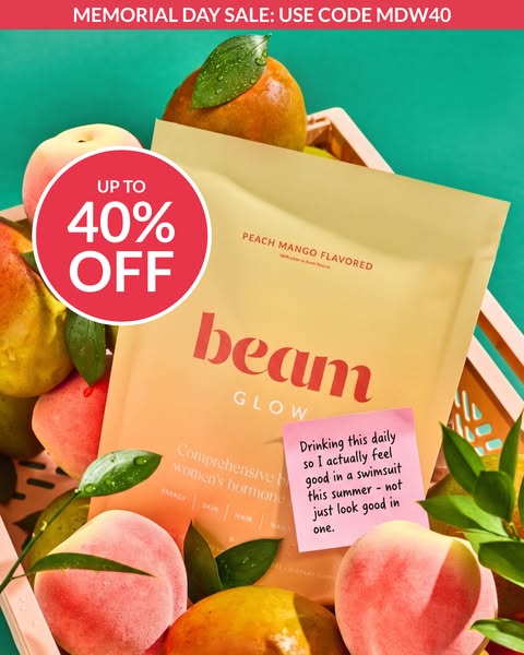 This image ad promotes Beam Glow, a peach mango flavored supplement for comprehensive women's hormone support. The a