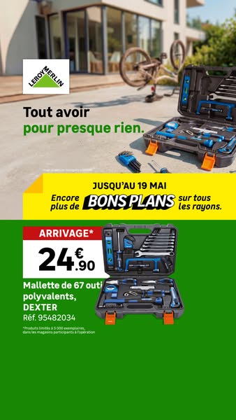 This image ad for LEROY MERLIN promotes a Dexter brand 67-piece tool set on sale. The ad features two images of the tool
