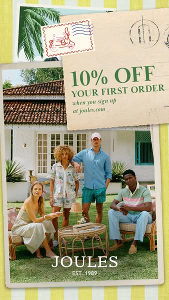 This image ad for Joules features a group of four people wearing the brand's clothing and promotes 10% off the first