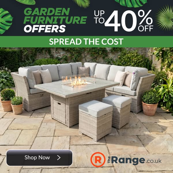 This ad showcases garden furniture with an offer of up to 40% off and the option to spread the cost.