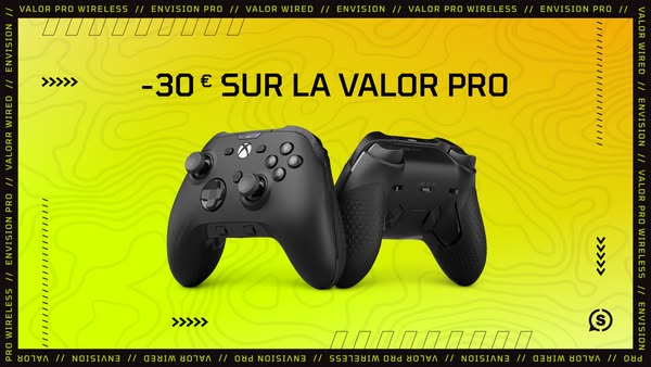 This ad features two Valor Pro Wireless gaming controllers with a promotional offer of 30€ off.