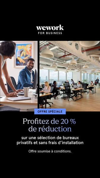 This ad promotes WeWork for Business, featuring an offer of 20% off a selection of private offices with no installation 