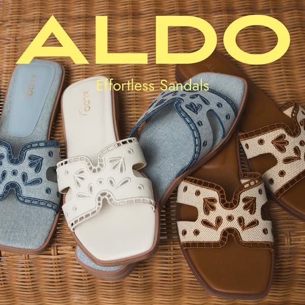 A lifestyle image showcasing three pairs of ALDO sandals on a wicker surface.