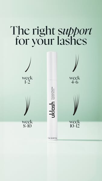 This ad promotes Uklash eyelash serum. The image shows the serum and a visual representation of lash growth over a twelv