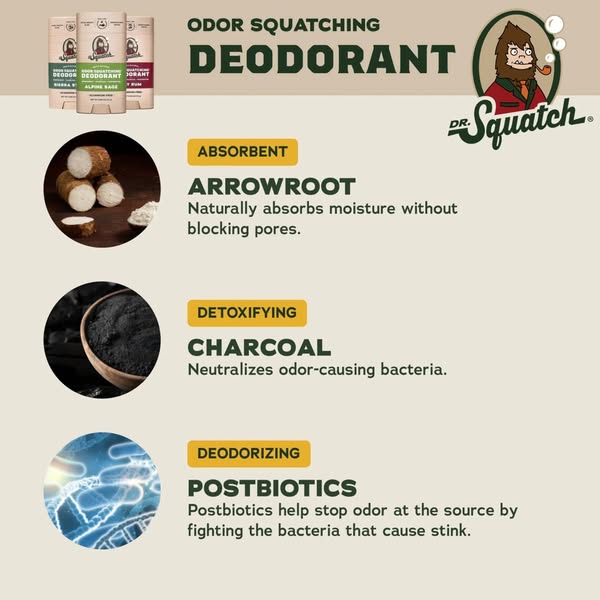 This ad for Dr. Squatch deodorant highlights 3 ingredients: Arrowroot for absorbing moisture, Charcoal for neutralizing 