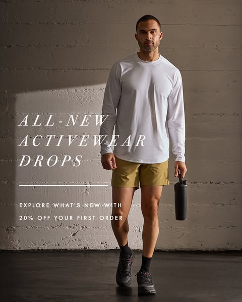 This image ad promotes a new activewear line by featuring a model wearing the apparel and offering a discount on the fir