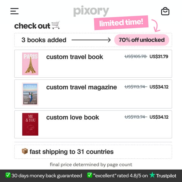 This ad features a screenshot from the Pixory website in the checkout phase, highlighting a 70% discount on three added 