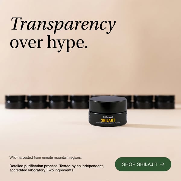 This image ad for Olifecykel’s Shilajit presents the product in front of a row of containers. The ad makes claims about 