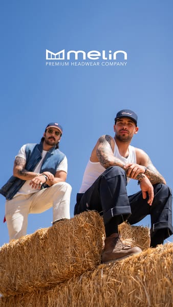This ad for Melin Premium Headwear features two male models wearing Melin hats while sitting on hay bales. The brand nam