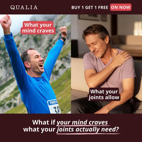 This image ad for Qualia uses a split-screen format to compare the desires of the mind with the needs of the joints, pre