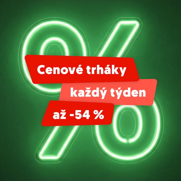 A graphic of a neon percentage sign with text blocks across it indicating discounts and a weekly sales event.