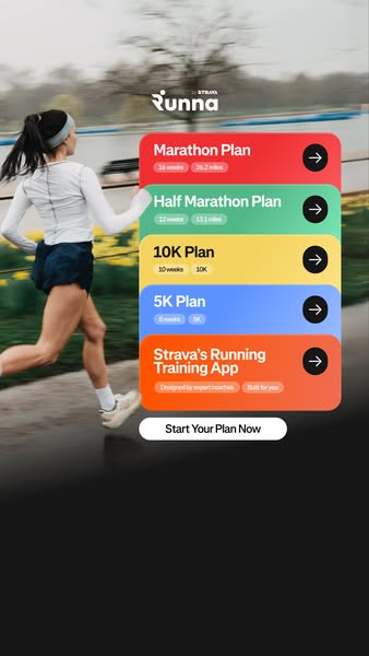 This ad for Runna running app presents a variety of training plan options of increasing difficulty to engage runners of 