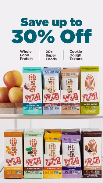 This ad for Perfect Bar is advertising a 30% off sale of their protein bars. The bars are displayed on a shelf in their 