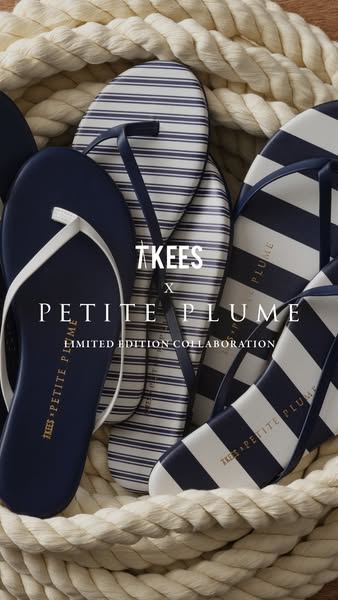 This ad showcases a collaboration between Tkees and Petite Plume, featuring flip-flops in navy and white stripe patterns
