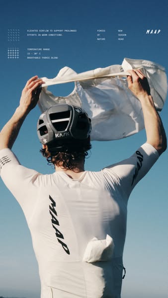 This ad shows a cyclist wearing MAAP cycling gear. The ad highlights the breathable fabric and elevated airflow of the c